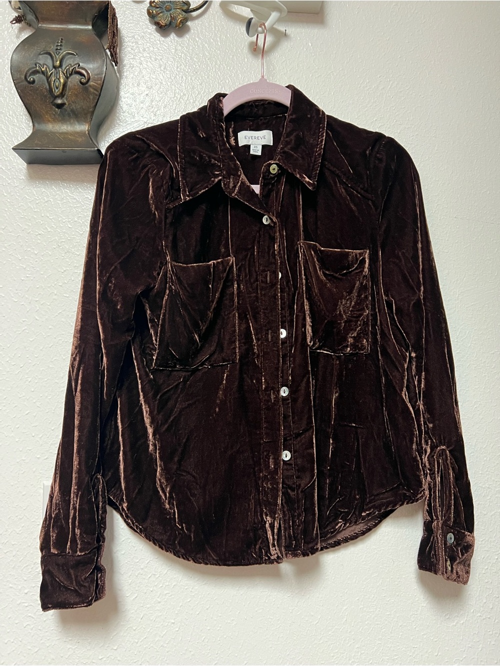 Evereve Dark Brown Velvet Button-Front Shirt